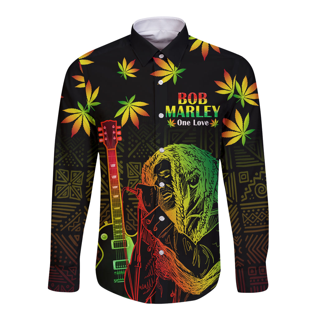 Unisex long-sleeve button shirt, black with multicolor reggae print and Bob Marley text