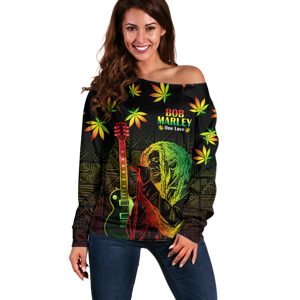 Jamaica Bob Marley Day Off Shoulder Sweater One Love Jamaican Reggae African Pattern