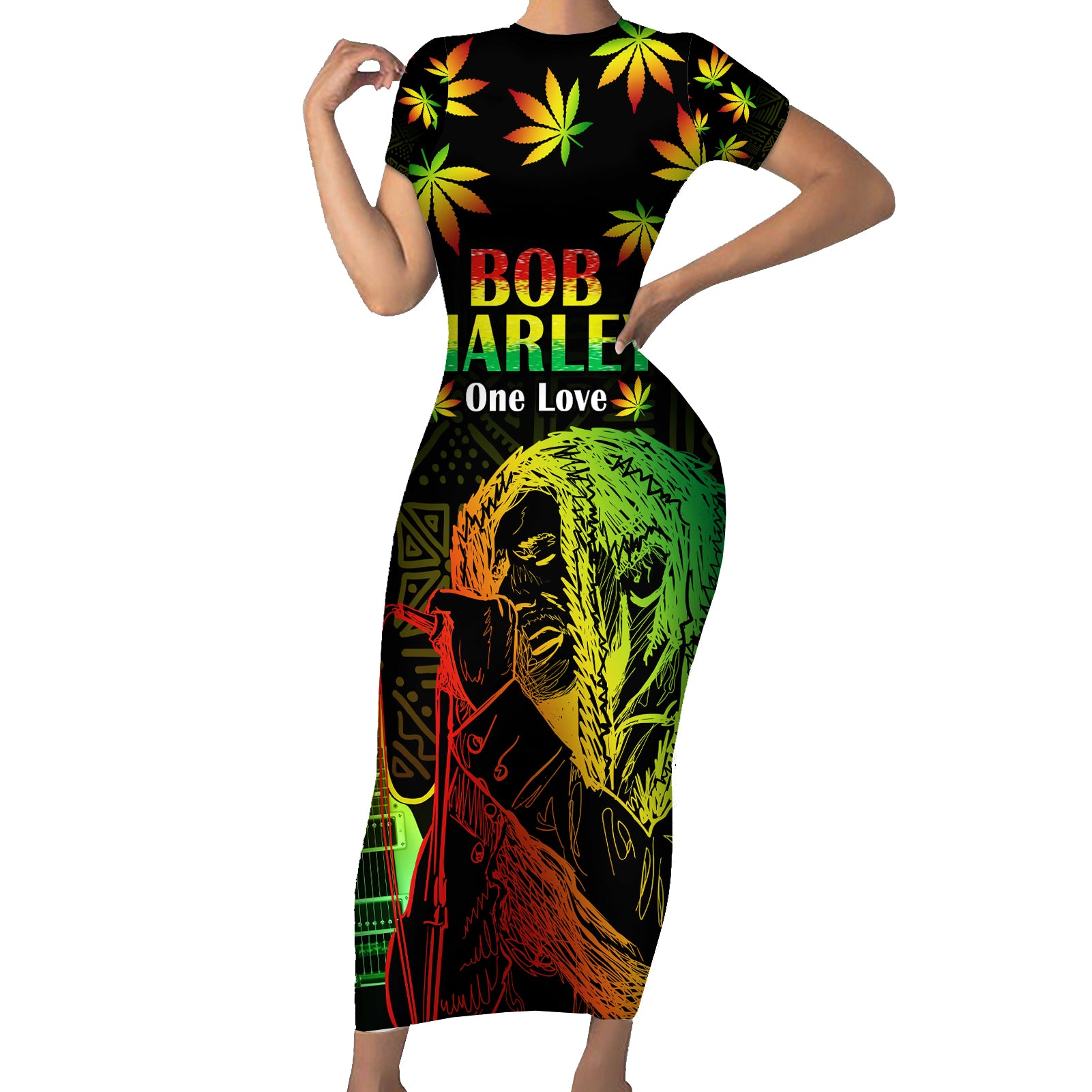 Jamaica Bob Marley Day Short Sleeve Bodycon Dress One Love Jamaican Reggae African Pattern