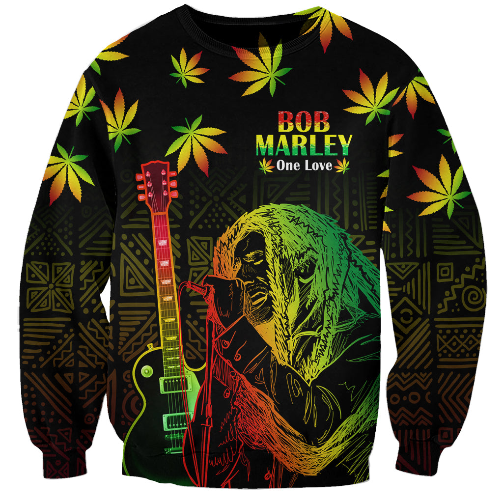 Unisex black sweatshirt with reggae leaf print and Bob Marley One Love graphic