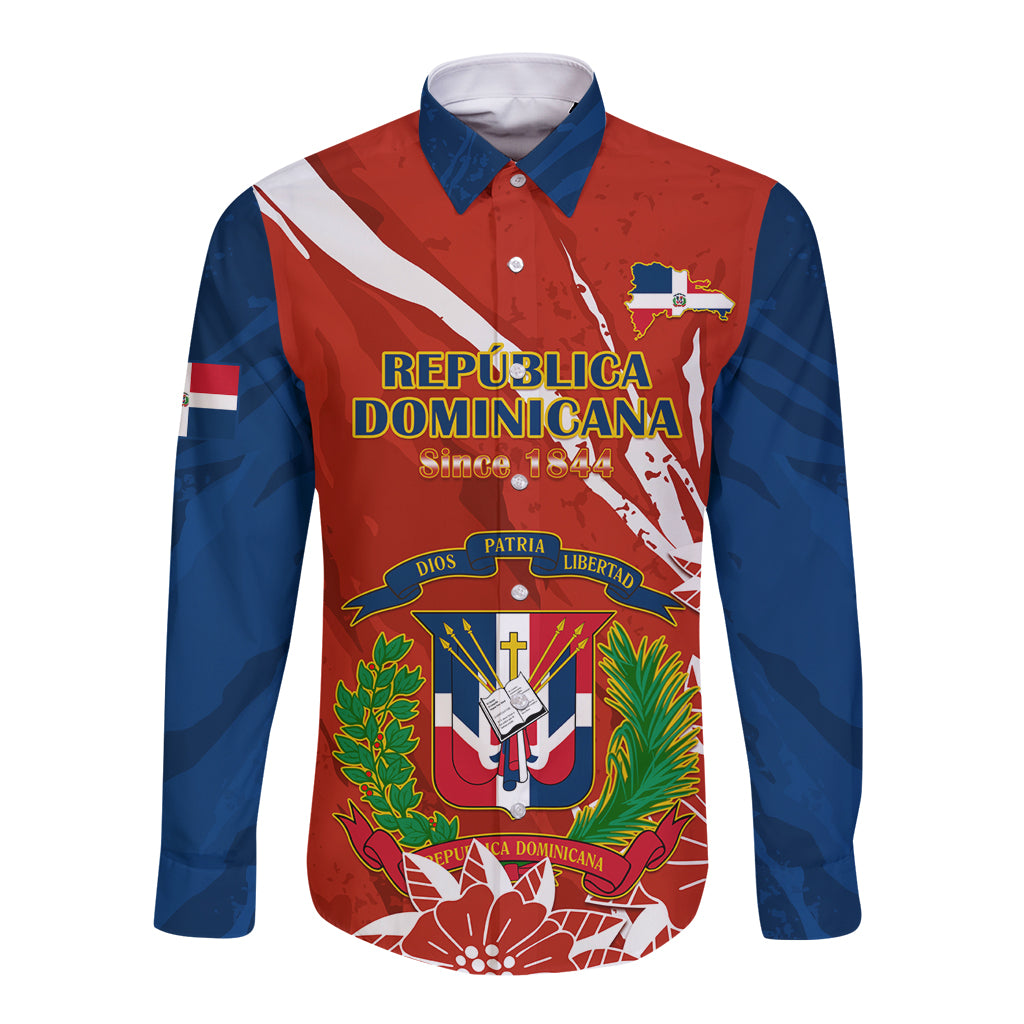 Long-sleeve button shirt in red and blue with Dominican crest graphic on front
