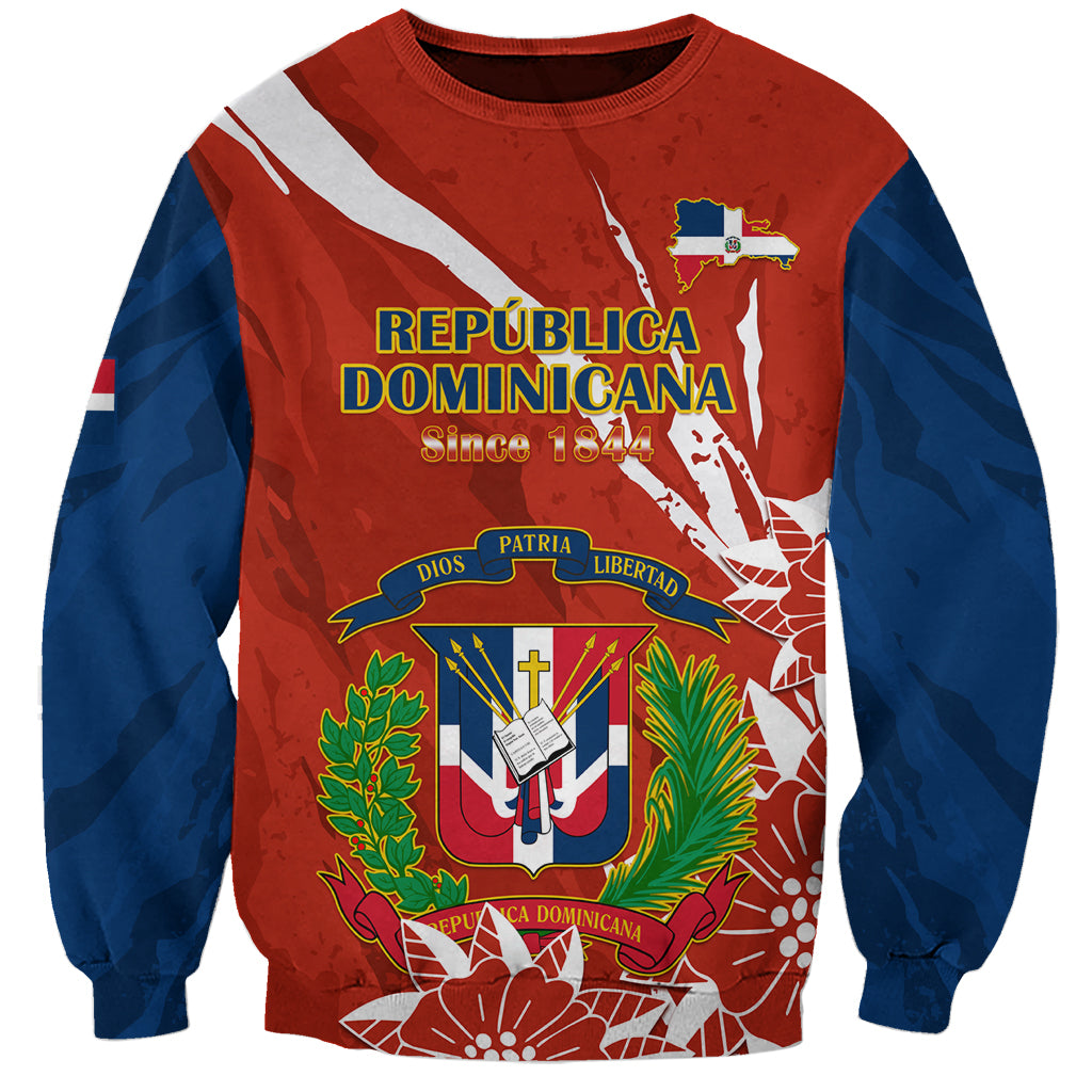 Unisex red sweatshirt with blue sleeves and large Dominican coat of arms front print