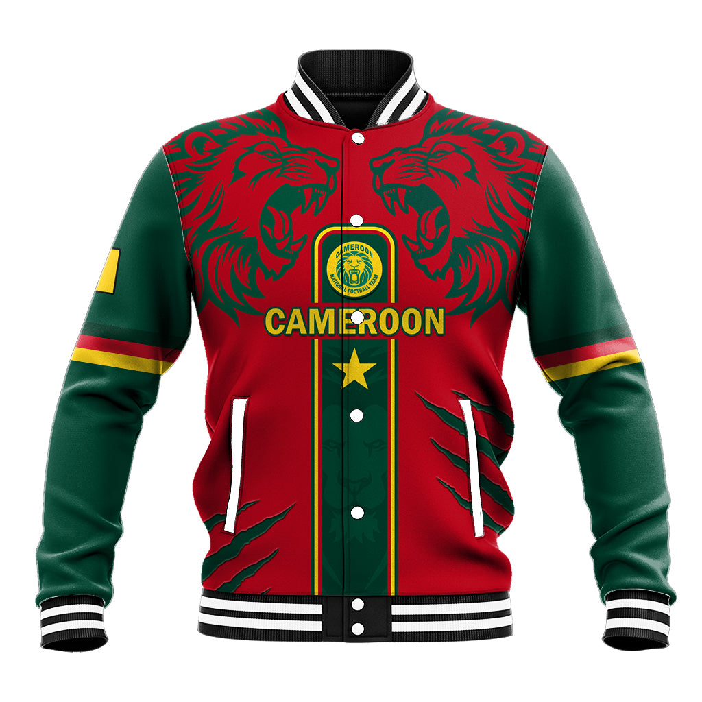 Unisex baseball jacket in red and green with lion graphic, striped collar, snap buttons