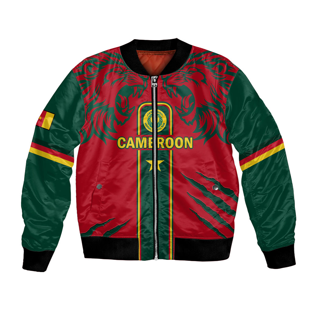 Red and green satin bomber jacket with front zipper, lion graphic, and Cameroon flag patch