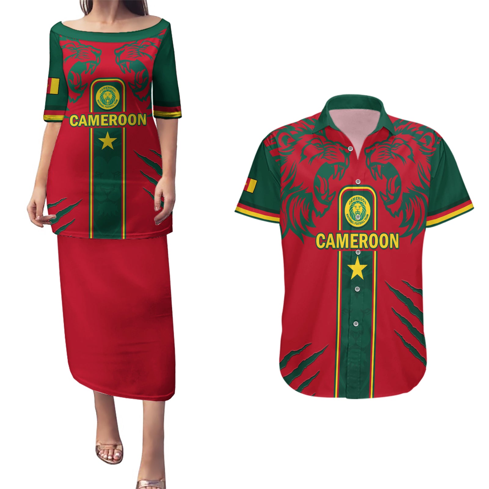 Custom Cameroon Football Couples Matching Puletasi and Hawaiian Shirt 2024 African Nations Go Champions Lion Style