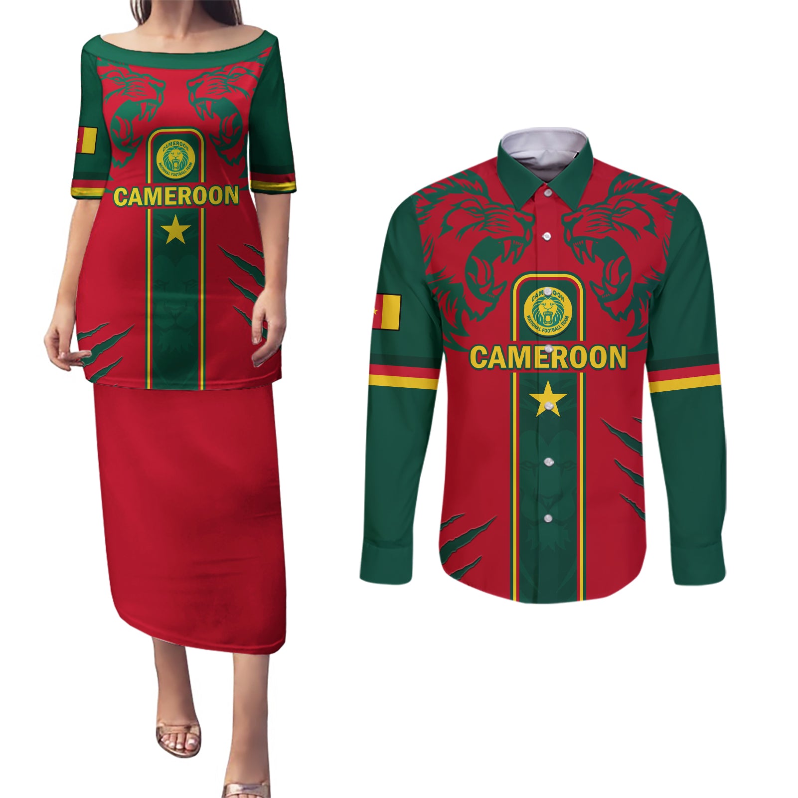 Custom Cameroon Football Couples Matching Puletasi and Long Sleeve Button Shirt 2024 African Nations Go Champions Lion Style