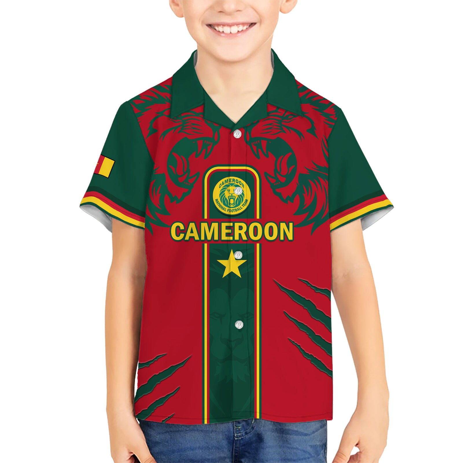 Custom Cameroon Football Kid Hawaiian Shirt 2024 African Nations Go Champions Lion Style