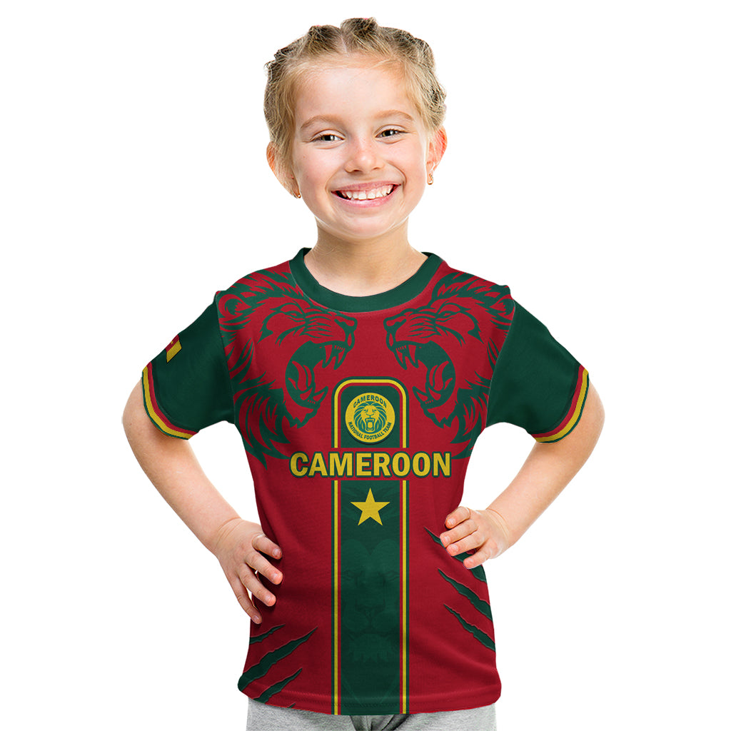 Custom Cameroon Football Kid T Shirt 2024 African Nations Go Champions Lion Style - Wonder Print Shop