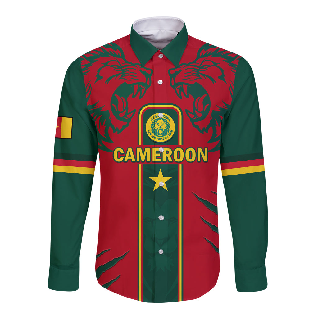 Red and green long-sleeve button football shirt with lion prints and CAMEROON logo