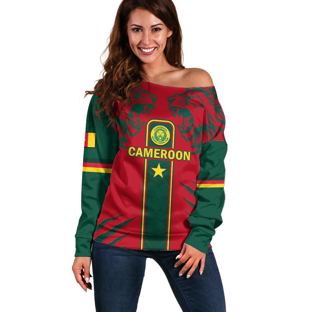 Custom Cameroon Football Off Shoulder Sweater 2024 African Nations Go Champions Lion Style - Wonder Print Shop