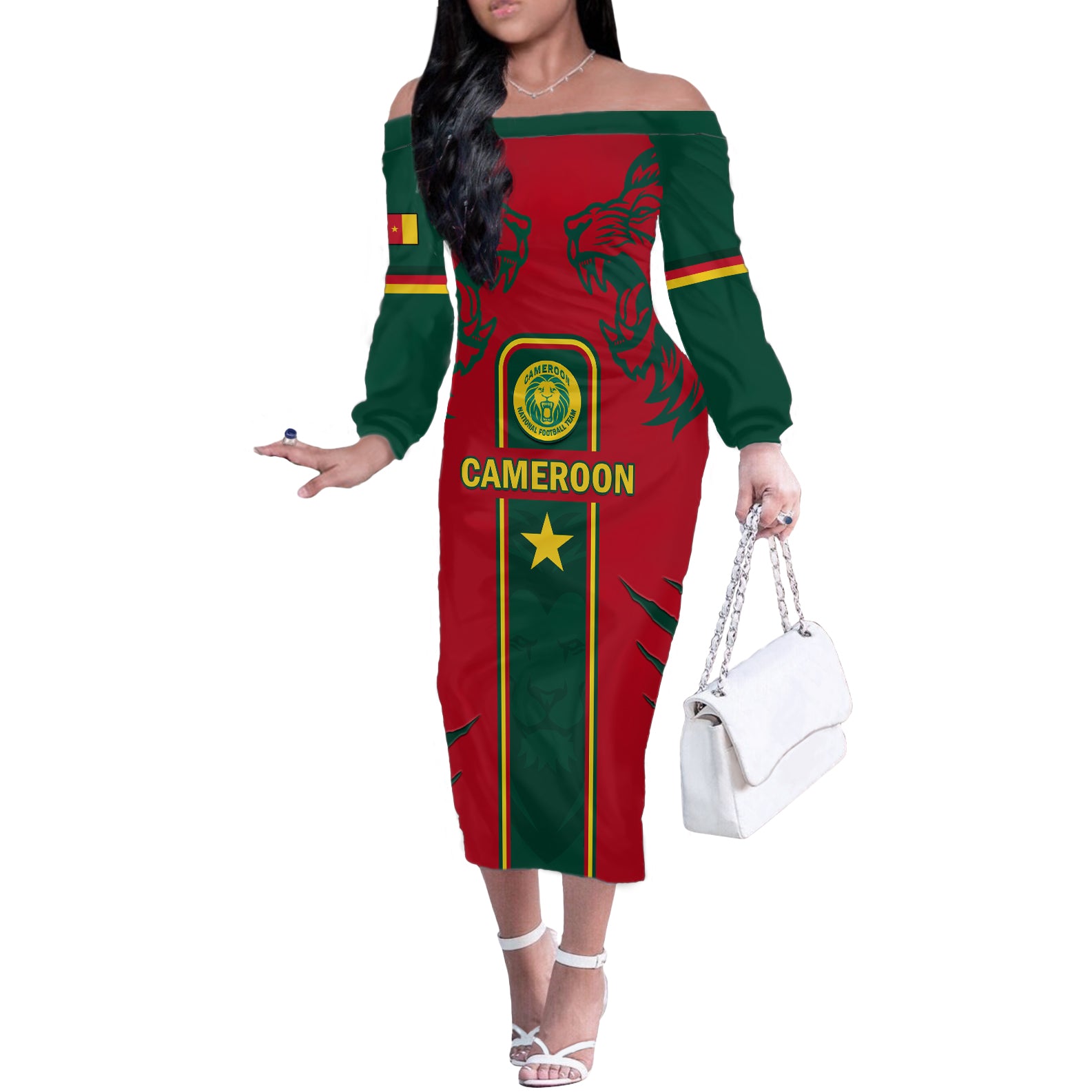 Custom Cameroon Football Off The Shoulder Long Sleeve Dress 2024 African Nations Go Champions Lion Style - Wonder Print Shop