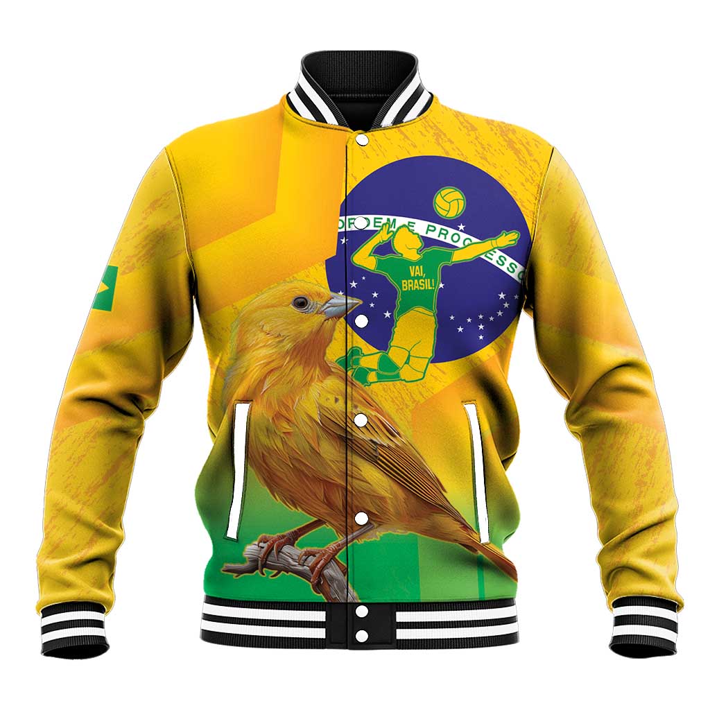 Yellow varsity baseball jacket with bird, Brasil map graphic, striped collar and cuffs