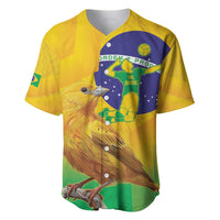 Yellow baseball jersey with blue front crest and detailed bird print, green stripe hem