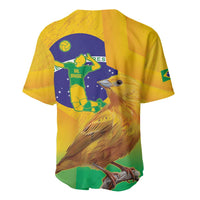 Yellow baseball jersey back with blue Brazil-style graphic, bird illustration, green lower