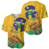 Set of yellow baseball jerseys, one front and one back, blue crest, bird and green accents