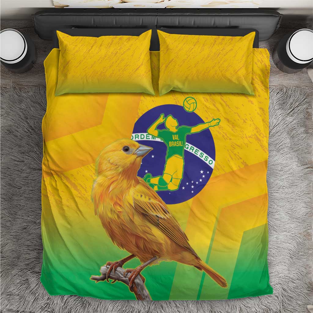 Yellow Brazil volleyball bedding set with two pillows and bird graphic on duvet