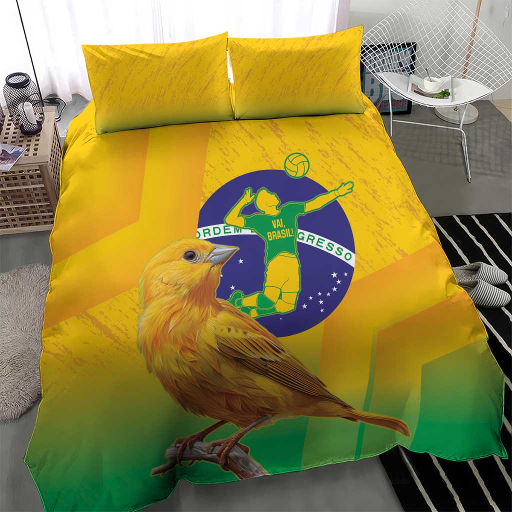 Brazil volleyball bedding set with two yellow pillows and green-blue bird and crest print