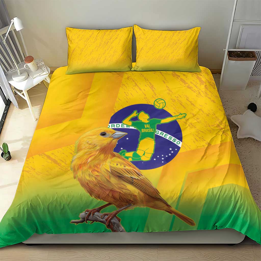 Yellow-green Brazil volleyball bedding set with two pillows and bird on front panel