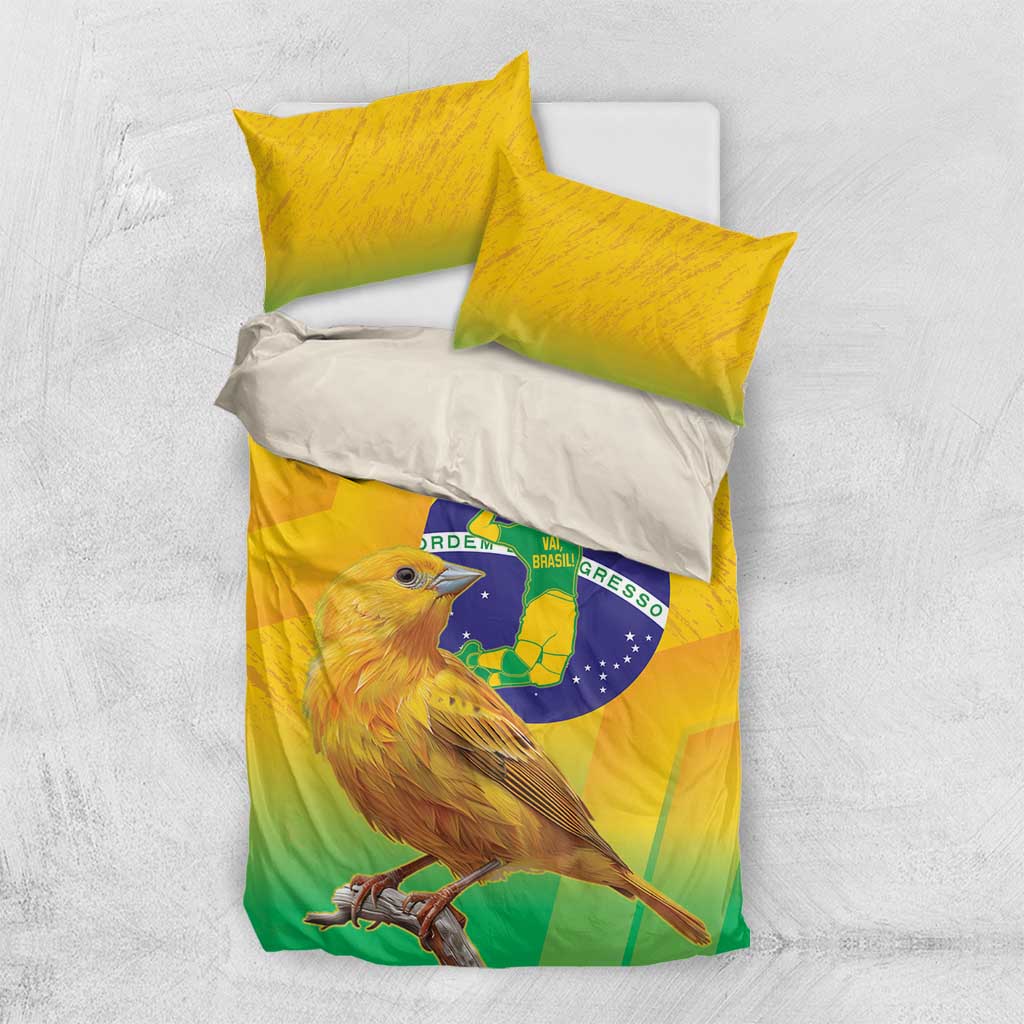 Brazil volleyball bedding set with two yellow pillows and bird graphic on duvet front