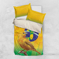 Brazil volleyball bedding set with two yellow pillows and bird graphic on duvet front