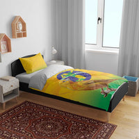 Yellow Brazil volleyball bedding set on bed with bird and Brazil crest graphic