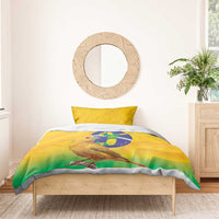 Brazil volleyball bedding set on wooden bed with bird and Brazil crest on duvet