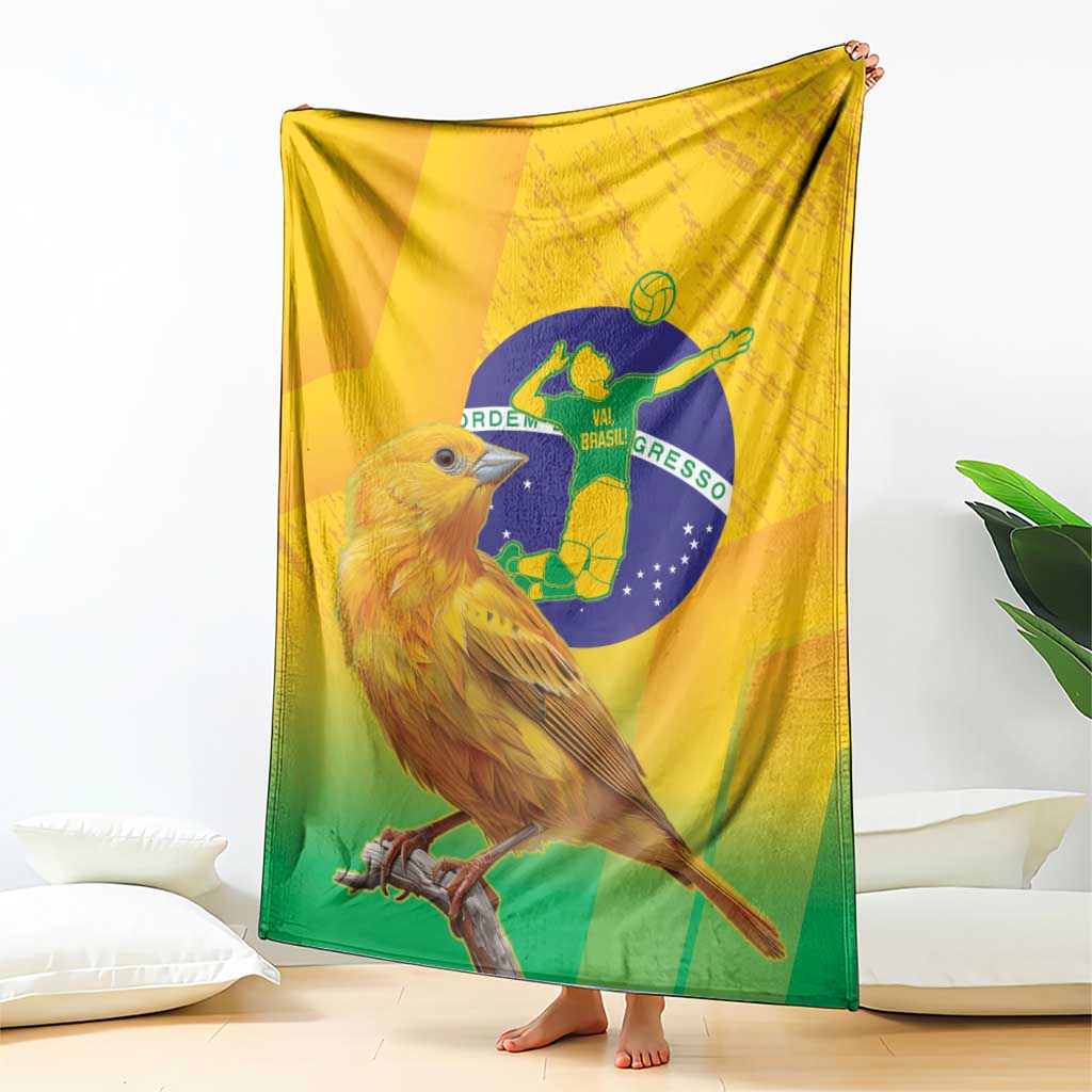 Yellow green blue volleyball blanket, bird artwork with Brazil emblem in center