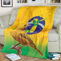 Yellow green blue volleyball blanket on armchair, bird and Brazil emblem print