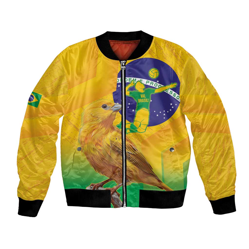 Yellow unisex bomber jacket with full-zip, ribbed hem, and bird graphic on front