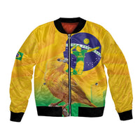 Yellow unisex bomber jacket with full-zip, ribbed hem, and bird graphic on front