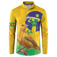 Yellow henley button sweatshirt with Brazil bird, flag, and volleyball graphic