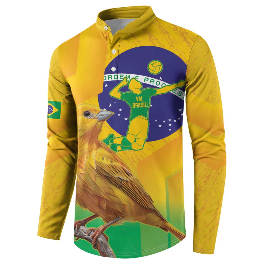 Yellow henley button sweatshirt with Brazil bird and circular blue flag volleyball graphic