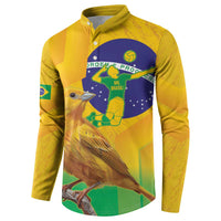 Yellow henley button sweatshirt with Brazil bird and circular blue flag volleyball graphic