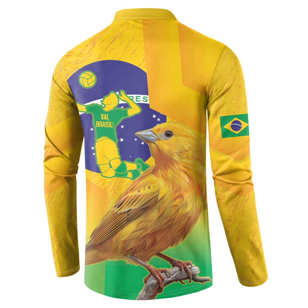 Yellow henley button sweatshirt with back Brazil bird and circular blue flag volleyball graphic