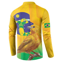 Yellow henley button sweatshirt with back Brazil bird and circular blue flag volleyball graphic