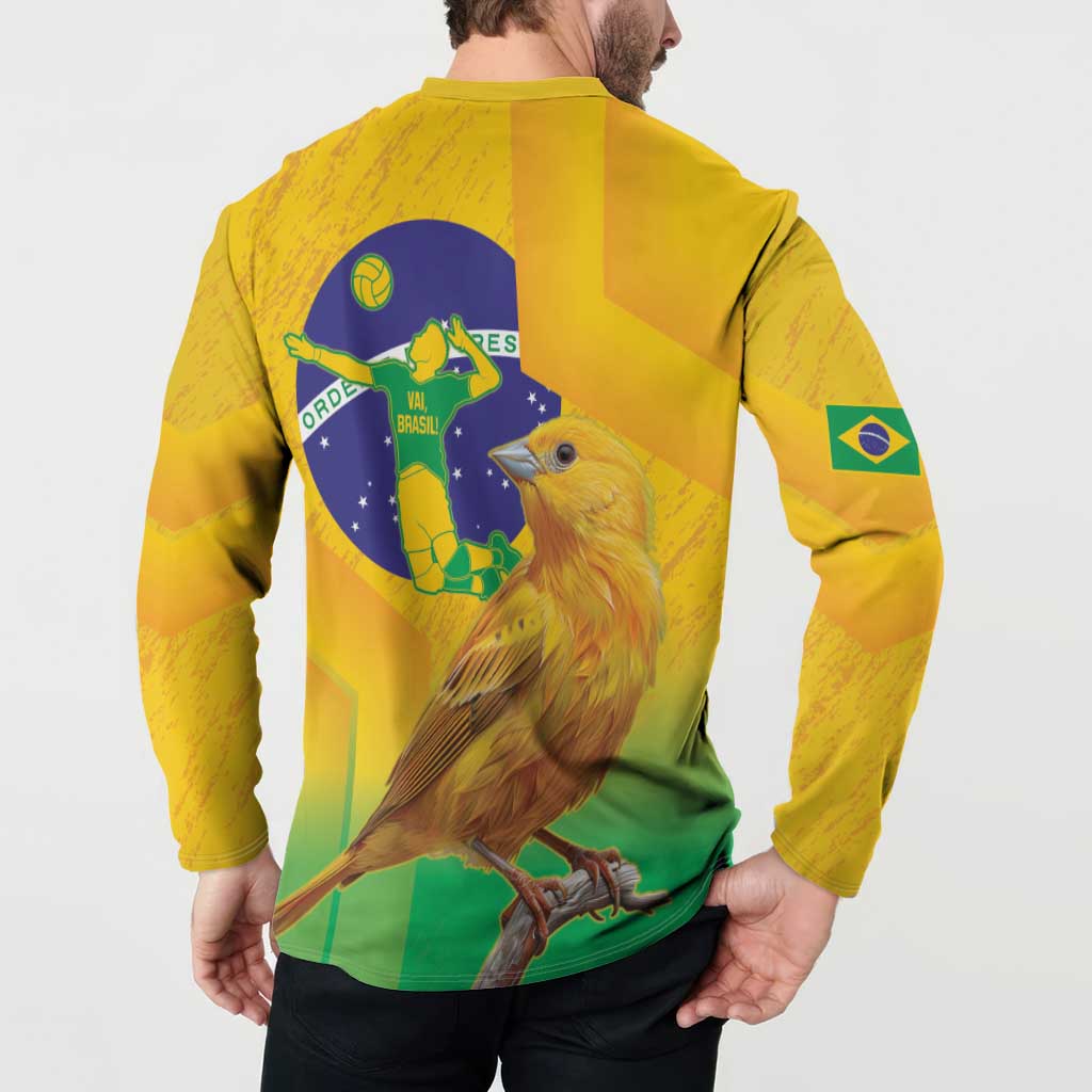 Yellow henley button sweatshirt worn by model with large back Brazil bird and flag graphic