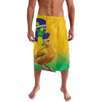 Yellow to green graphic swim shorts with bird face, Brazil flag crest, elastic waist