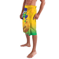 Yellow to green gradient graphic swim shorts with bird and Brazil crest