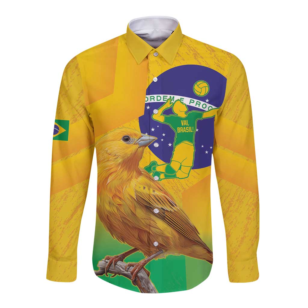 Yellow long-sleeve button shirt with colorful parrot graphic on front