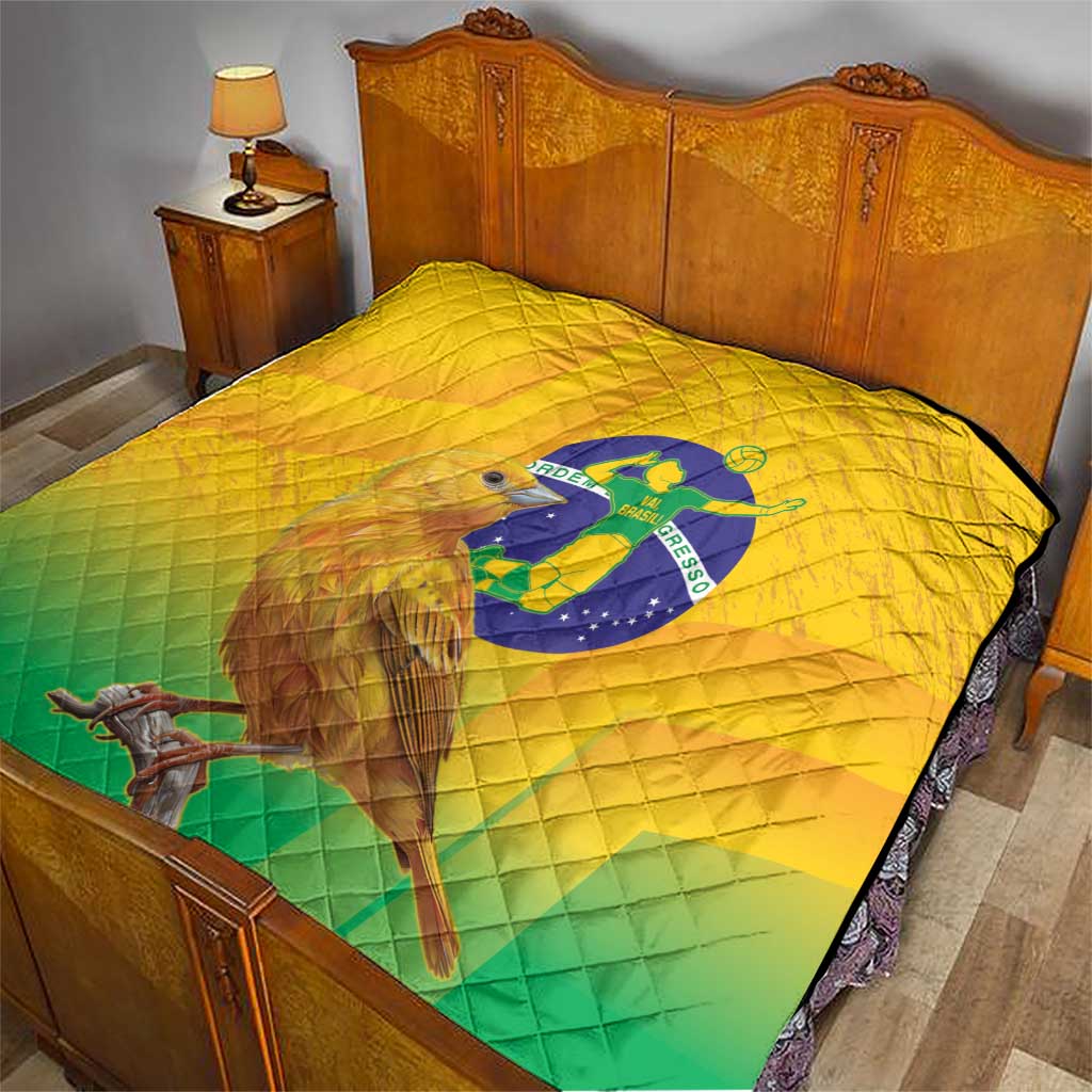 Yellow and green Brasil volleyball-themed quilt with quilted diamond pattern and bird print