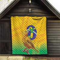 Yellow and green Brasil volleyball-themed quilt panel with bird graphic and diamond quilting