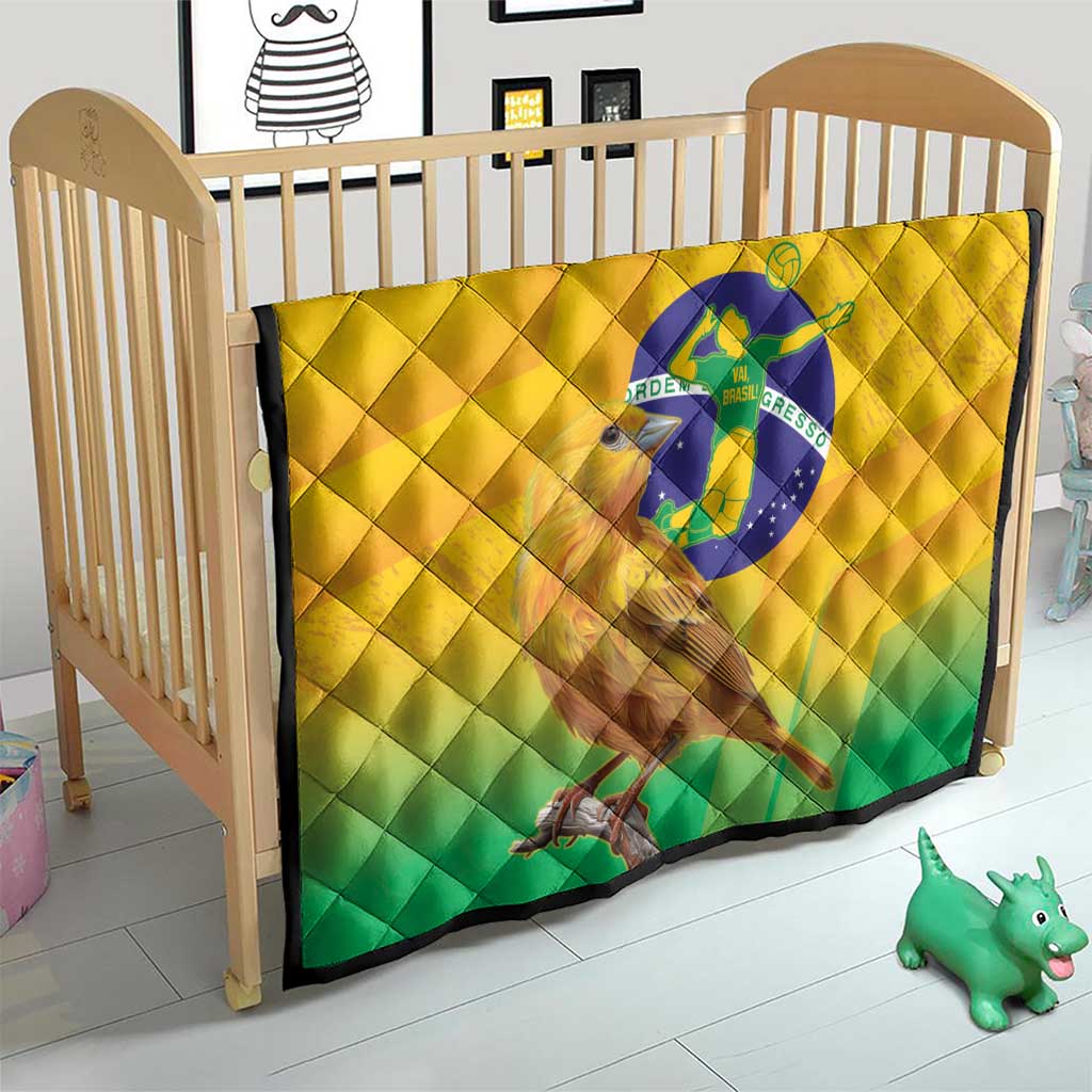 Yellow and green Brasil volleyball quilt on a toddler bed with bird graphic and quilted pattern