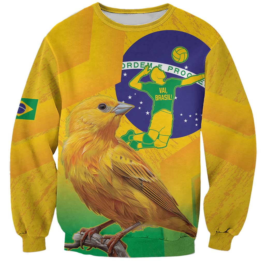 Yellow unisex crewneck sweatshirt with large bird and Brazil-themed front graphic