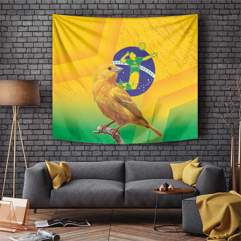 Yellow wall tapestry with canary bird and circular soccer player emblem