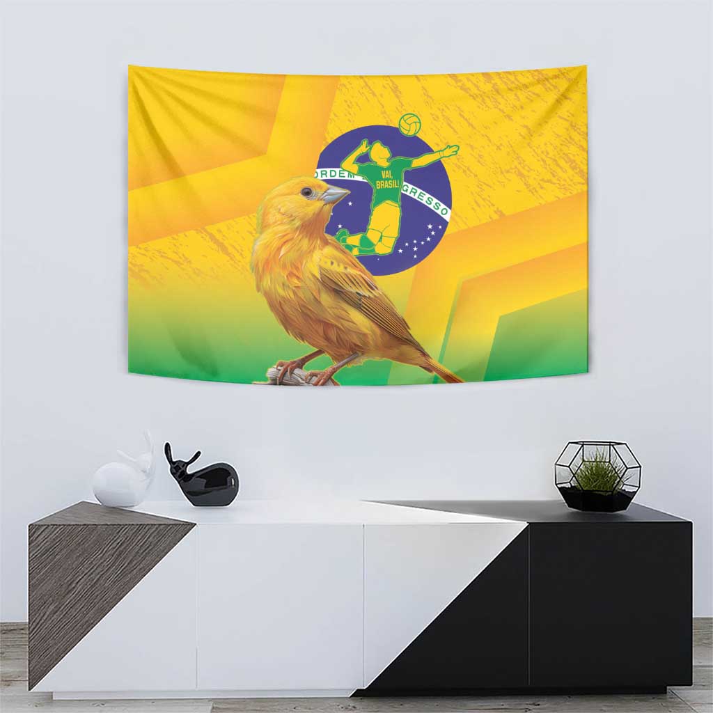 Yellow wall tapestry with canary bird and soccer player emblem