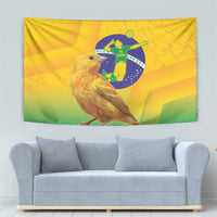 Yellow tapestry with canary bird and circular soccer player logo