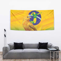 Yellow wall tapestry with canary bird and soccer player emblem