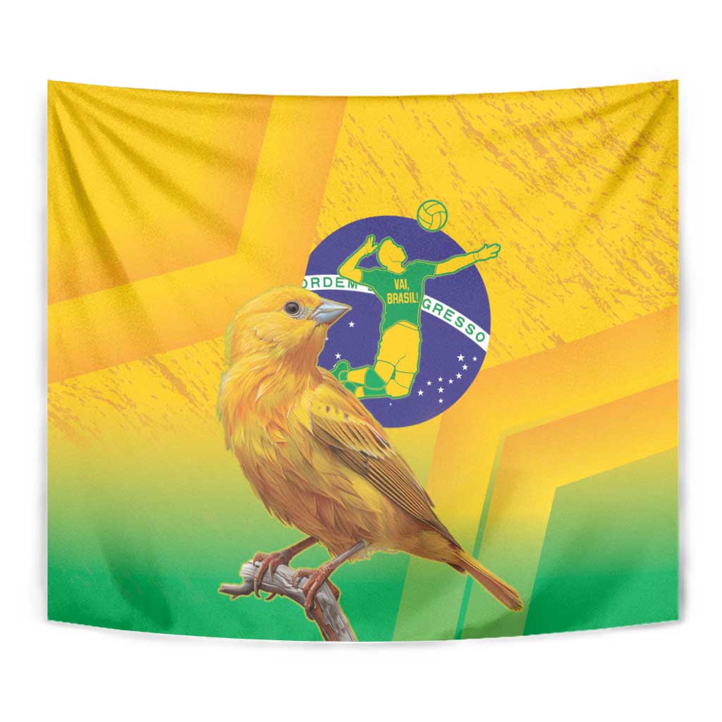 Close-up yellow tapestry with canary bird and circular soccer player emblem
