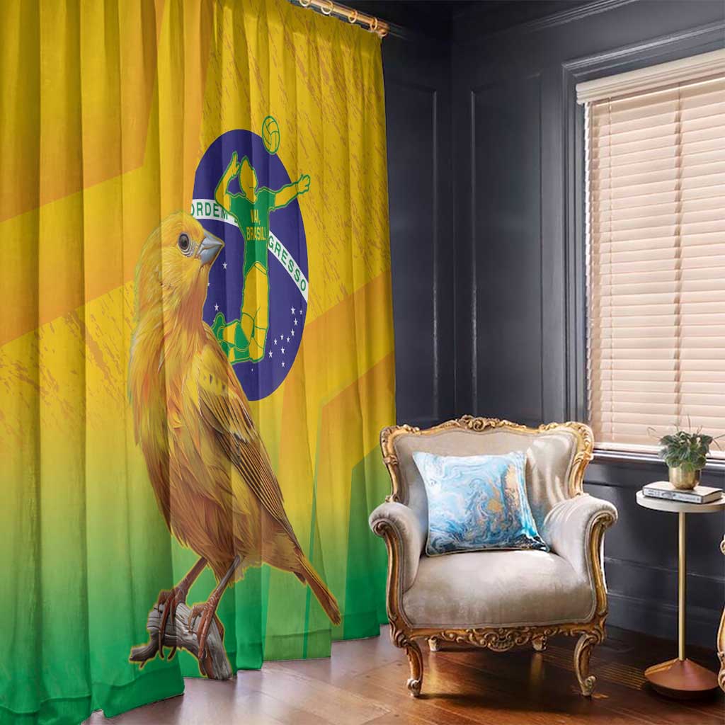 Brazil volleyball window curtain, yellow with bird and Brazil flag graphic, hanging by top tabs