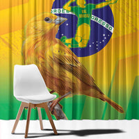 Brazil volleyball window curtain, yellow with close bird print and Brazil flag graphic, two panels